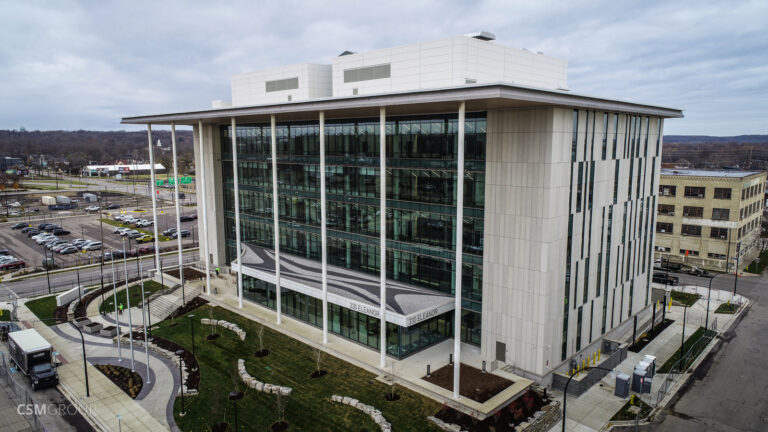 Overhead view of the Judge Charles A. Pratt Justice Center building in Kalamazoo