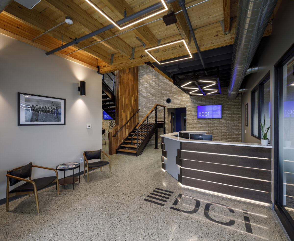 The front desk and interior at the Dykhouse Construction office