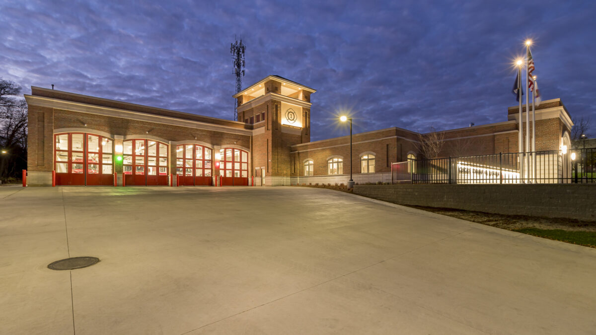 a wide exterior shot of Cascade Township Fire Station No. 1 during the night