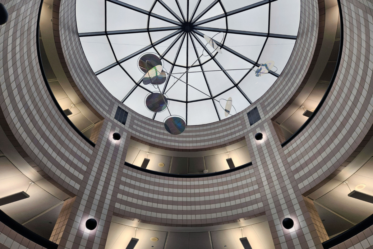 a lighting fixture hanging in a skylight at Western Michigan University