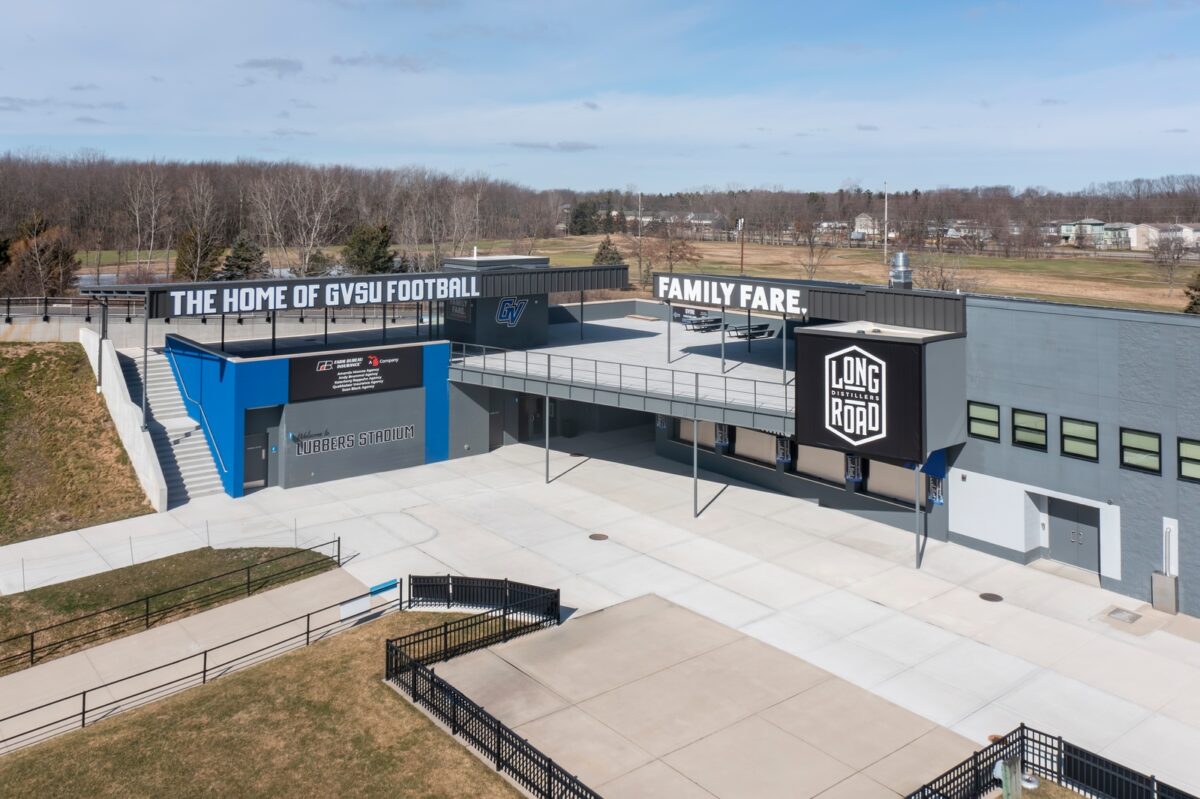 An aerial view of the exterior of Grand Valley State University — Lubbers Stadium