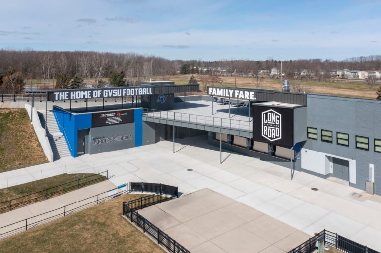 An aerial view of the exterior of Grand Valley State University — Lubbers Stadium