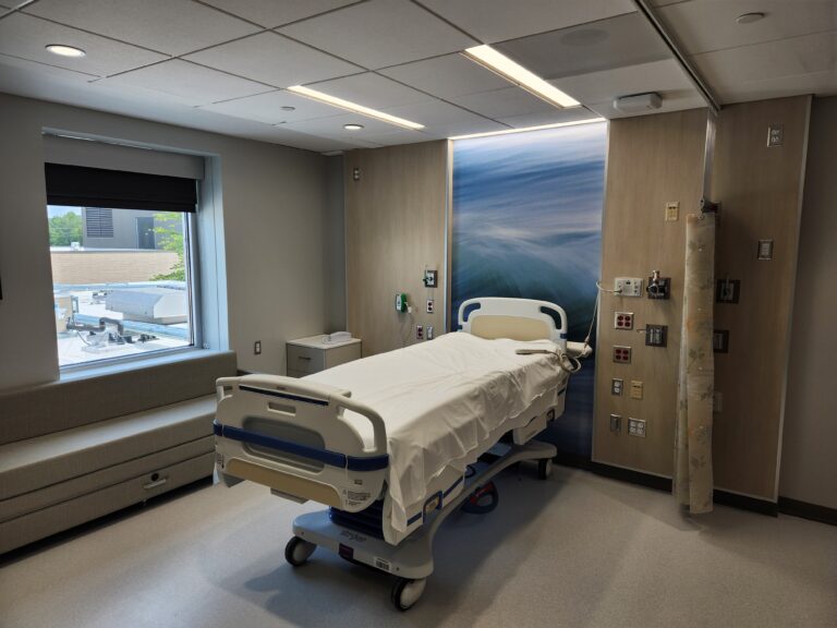 A hospital bed in the Corewell Health — Ludington Hospital Cancer Care Center