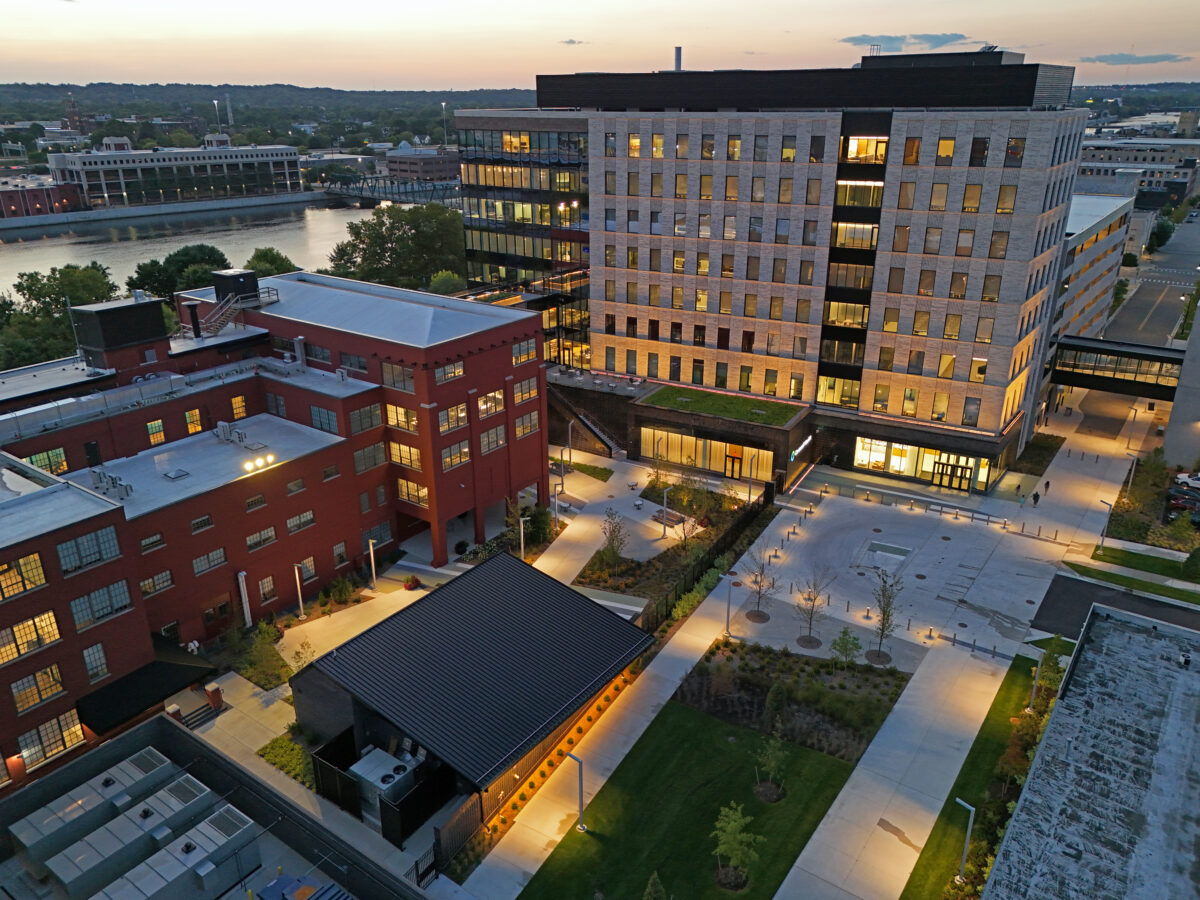 An exterior shot of the Corewell Health Center for Transformation and Innovation firewall between the CTI tower and the adjacent hotel.