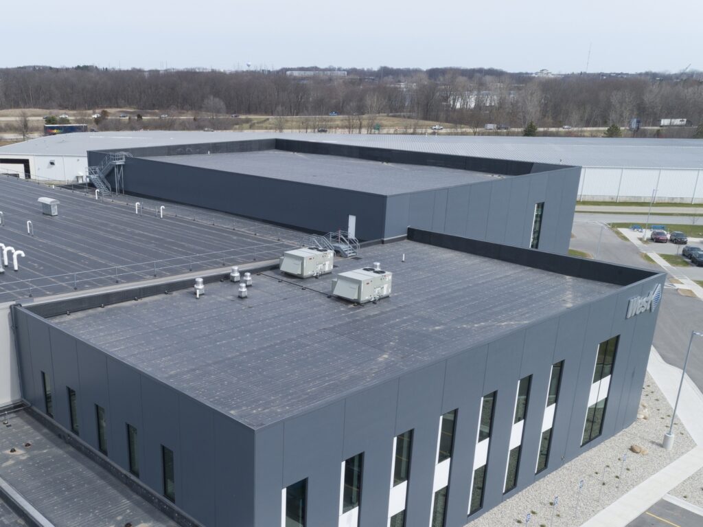 Exterior aerial view of the replaced roof of West Pharmaceutical Services