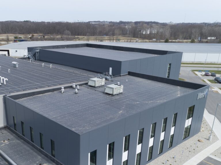 Exterior aerial view of the replaced roof of West Pharmaceutical Services