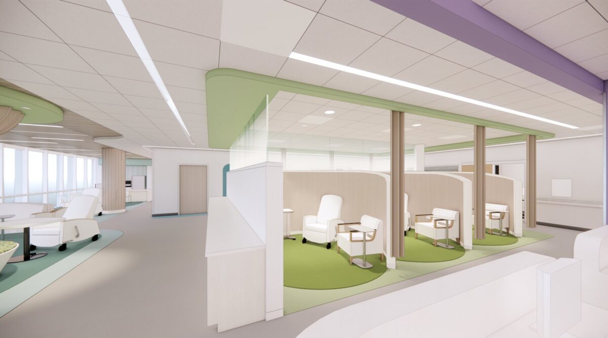 inside look at the main infusion bays at Corewell Health Pediatric Hematology & Oncology Clinic
