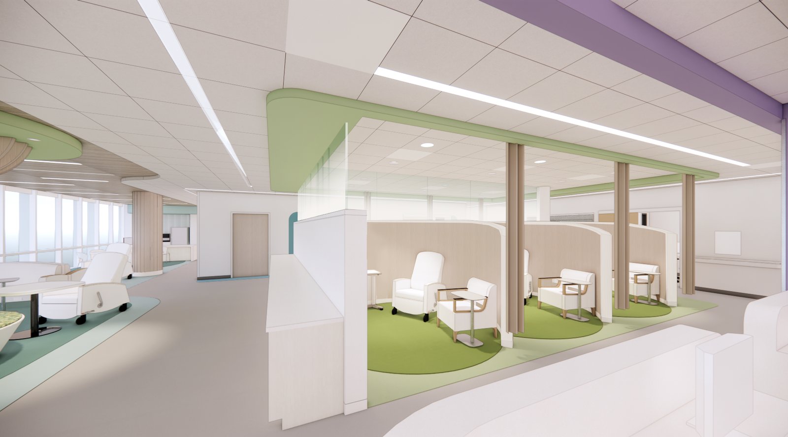 inside look at the main infusion bays at Corewell Health Pediatric Hematology & Oncology Clinic