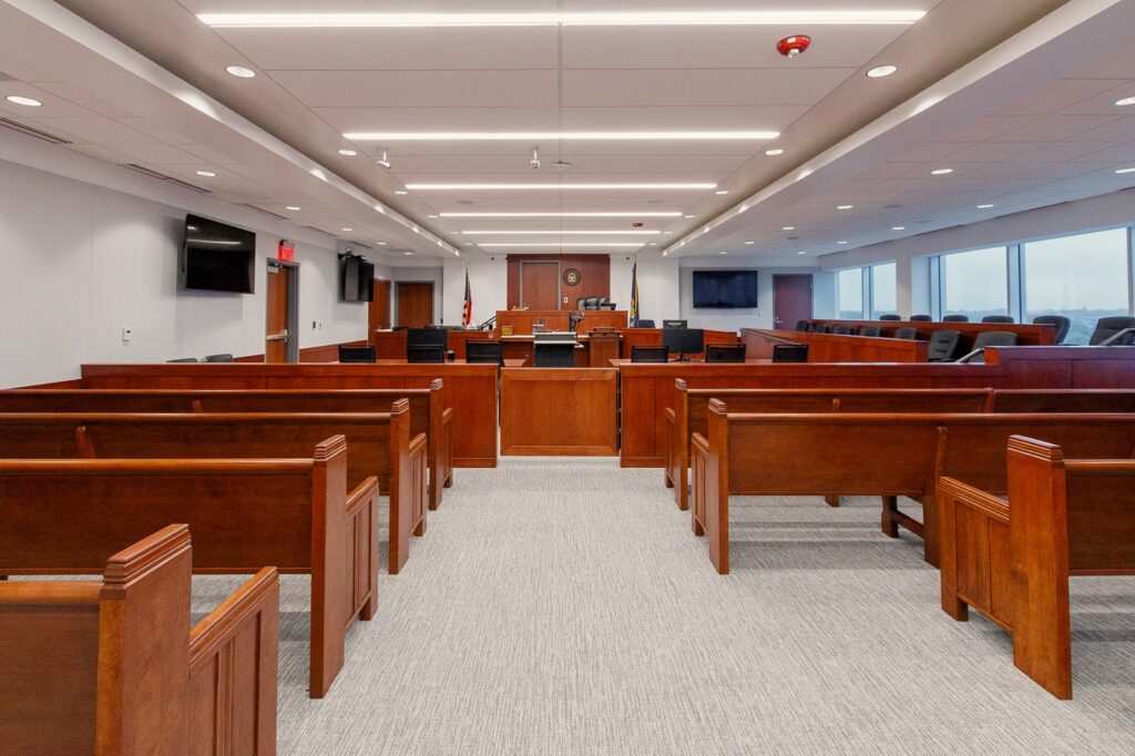Interior view of Michael E. Kobza Hall of Justice courtroom